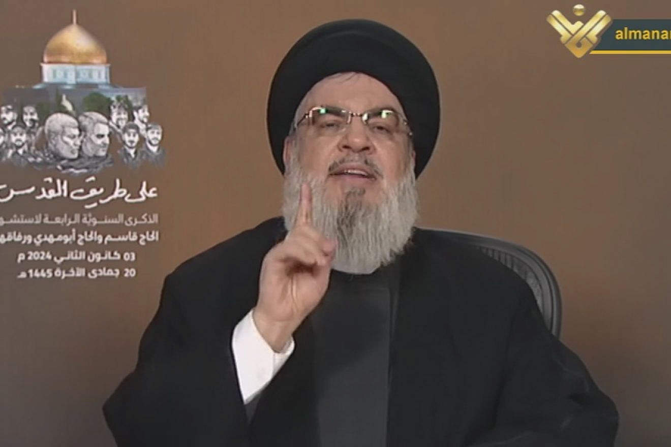 Hezbollah leader Hassan Nasrallah delivering a video speech on Jan. 3, 2024. Source: Screenshot/X.