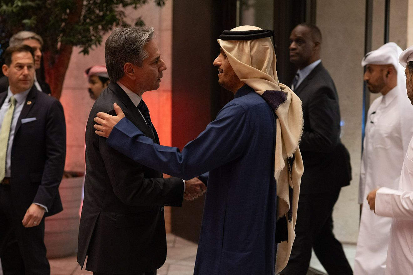 U.S. Secretary of State Antony Blinken greets Qatari Prime Minister and Foreign Minister Mohammed bin Abdulrahman Al Thani in Doha, Qatar on Feb. 6, 2024. Credit: Chuck Kennedy/U.S. State Department.