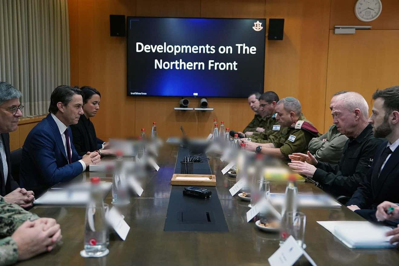 Israeli Defense Minister Yoav Gallant meets in Tel Aviv with senior White House envoy Amos Hochstein, who has been mediating a potential agreement to stave off full blown war between Israel and Hezbollah, Feb. 4, 2024. Photo by Ariel Hermoni/Israeli Defense Ministry.