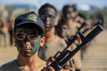 Boys take part in a summer camp organized by the Al-Quds Brigades, the armed wing of the Palestinian Islamic Jihad terrorist organization, in Khan Yunis, the southern Gaza Strip, June 22, 2023. Photo by Abed Rahim Khatib/Flash90.