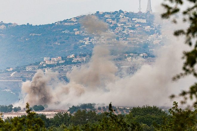 Smoke rises following an Israeli Air Force strike in Southern Lebanon, Oct. 9, 2023. Photo by David Cohen/Flash90.