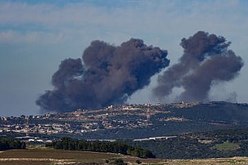 Smoke rises during an exchange of fire between the IDF and Hezbollah on the Israel-Lebanon border, Dec. 16, 2023. Photo by Ayal Margolin/Flash90.