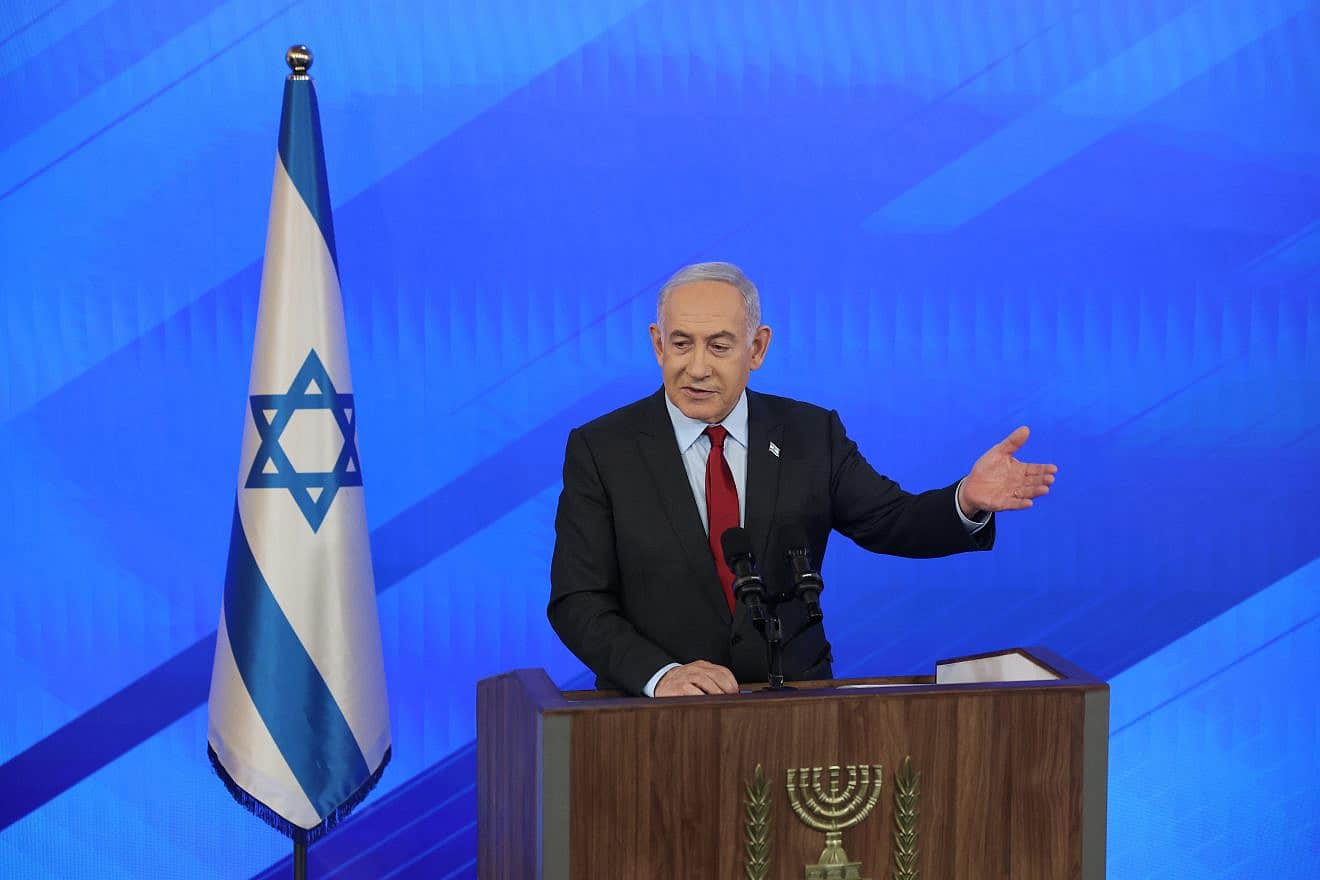Prime Minister Benjamin Netanyahu speaks during a press conference at the Defense Ministry in Tel Aviv, Jan. 18, 2024. Photo by Tomer Appelbaum/POOL.