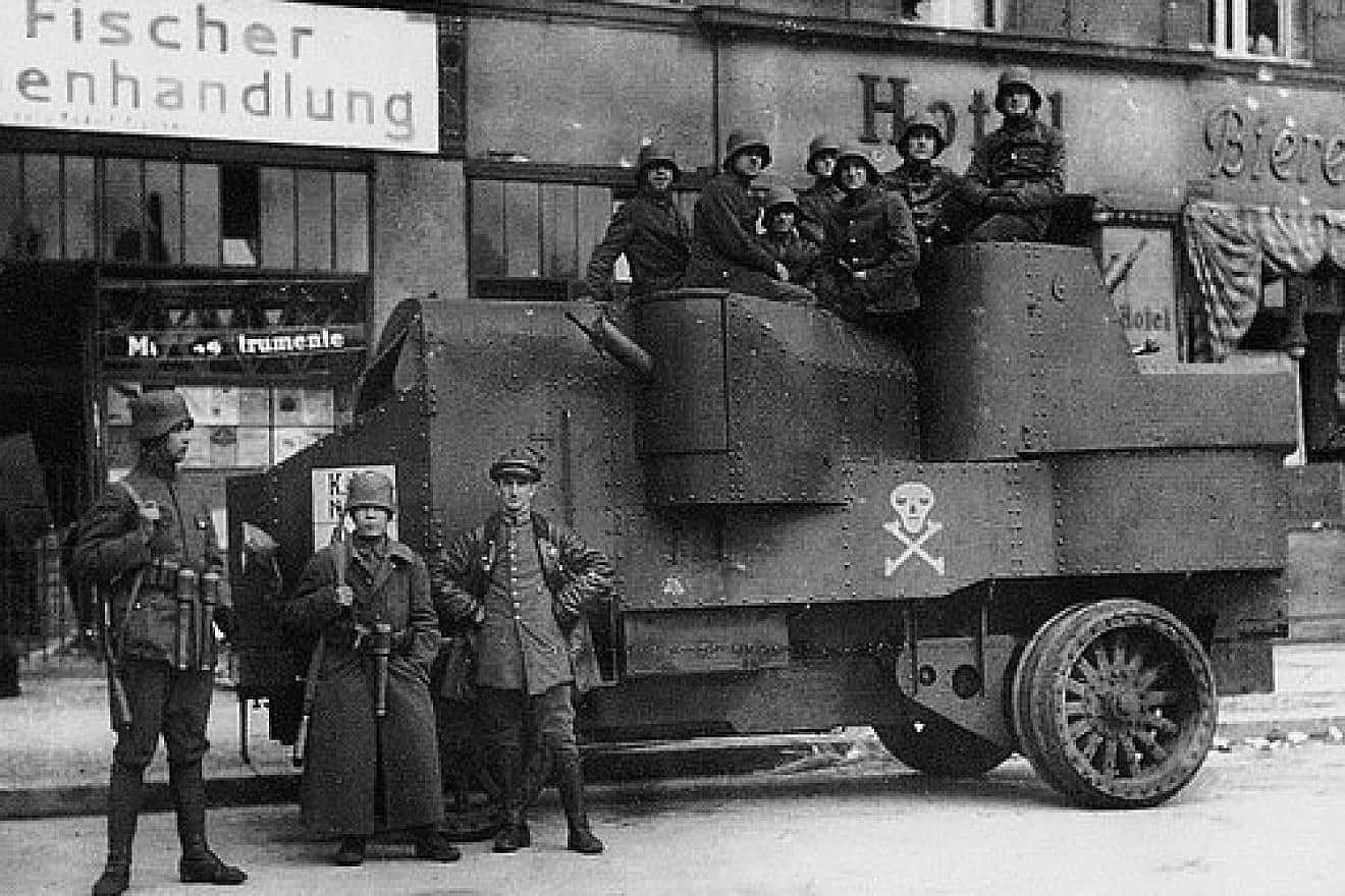 Totenkopf symbol on the side of an armored vehicle by the Freikorps (paramilitary volunteer units) in Germany, 1919. Credit: Wikimedia Commons.