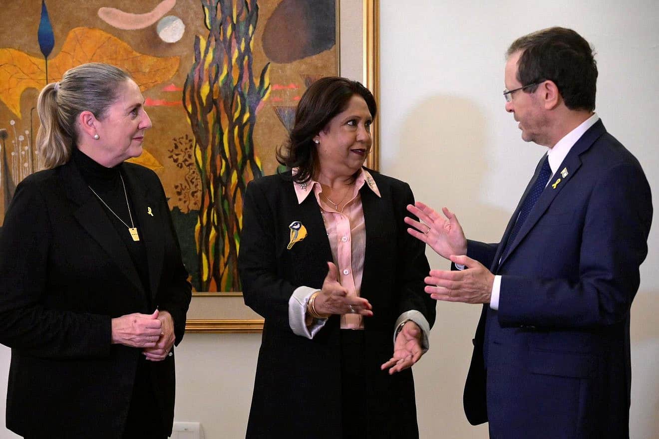 Pramila Patten, special representative of the U.N. secretary-general on sexual violence in conflict, with Israeli President Isaac Herzog and First Lady Michal Herzog at the President's Residence in Jerusalem on Jan. 29, 2024. Source: X.