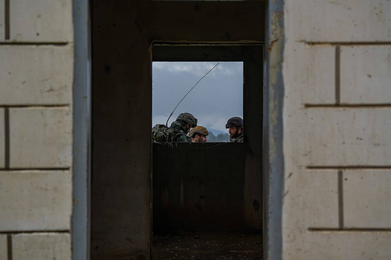 Israeli reserve soldiers take part in a military drill in the Golan Heights in northern Israel, focusing on all kinds of combat, including urban warfare that is being utilized in the Gaza Strip against Hamas, on Jan. 24, 2024. Photo by Ayal Margolin/Flash90.