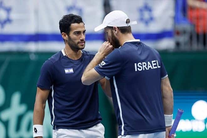 Israeli doubles team of Daniel Cukierman and Edan Leshem on day 2 of the 2024 Davis Cup World Group in Trinec, Czechia, Feb. 4, 2024. Credit: Courtesy of Israel Tennis Association.