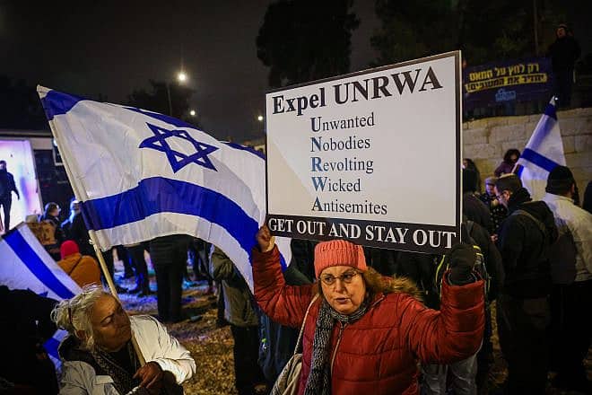 Israelis protest against the U.N. Relief and Works Agency for Palestine Refugees (UNRWA), which has been directly linked to Hamas terrorism, at their offices in Jerusalem on Feb. 5, 2024. Photo by Chaim Goldberg/Flash90.