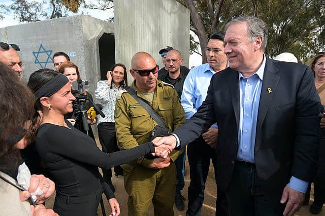 Former U.S. Secretary of State Mike Pompeo speaks with Natalie Sanandaji, a New Yorker on vacation who survived the Supernova massacre, Feb. 13, 2024. Credit: Courtesy.