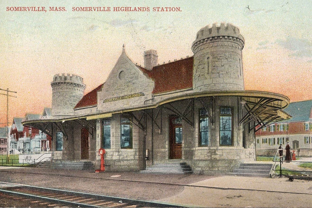 Postcard of Somerville Highlands station in Somerville, Mass. The station was located at Hancock Street on the Fitchburg Cutoff (later the freight cutoff), originally part of the Lexington & West Cambridge Railroad, circa 1907. Credit: Wikimedia Commons.