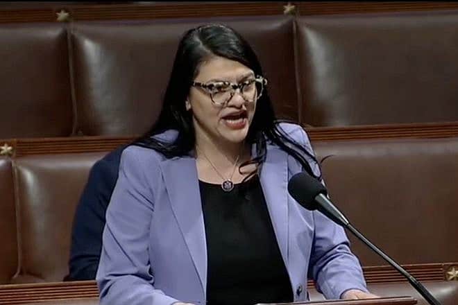 Rep. Rashida Tlaib (D-Mich.) speaks on the House floor against a resolution condemning Hamas terrorists for rape and sexual violence on Feb. 14, 2024. She voted "present" that day on H.Res.966. Source: C-SPAN.
