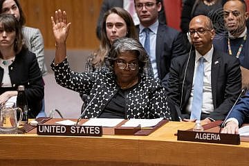Linda Thomas-Greenfield, the U.S. ambassador to the United Nations, vetoes a draft resolution calling for a ceasefire to the war between Israel and Hamas in the Gaza Strip, put forth by Algeria, at U.N. Security Council on Feb. 20, 2024. Credit: Manuel Elías/U.N. Photo.