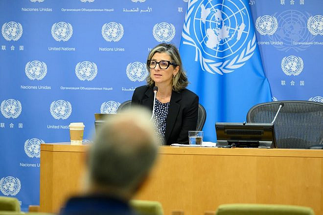 Francesca Albanese, U.N. special rapporteur, briefs reporters at UN Headquarters. Credit: Loey Felipe/U.N. Photo.