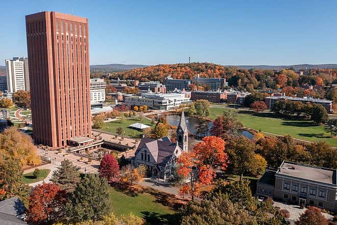 An aerial view of the University of Massachusetts at Amherst. Credit: Wirestock Creators/Shutterstock.