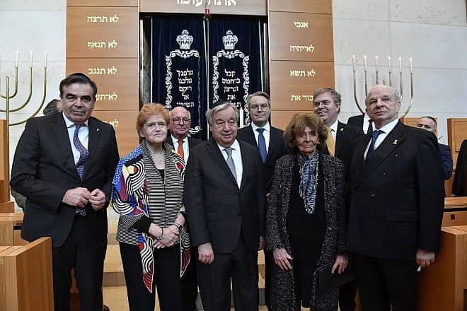 António Guterres (center), secretary-general of the United Nations, at Ohel Jakob synagogue in Munich on Feb. 15, 2024 with (from left) Margaritis Schinas, (European Commission), Deborah Lipstadt (U.S. special envoy), Charlotte Knobloch (World Jewish Congress commissioner for Holocaust legacy) and Maram Sterm, executive vice president of the WJC. Credit: Marcus Schlaf/World Jewish Congress.