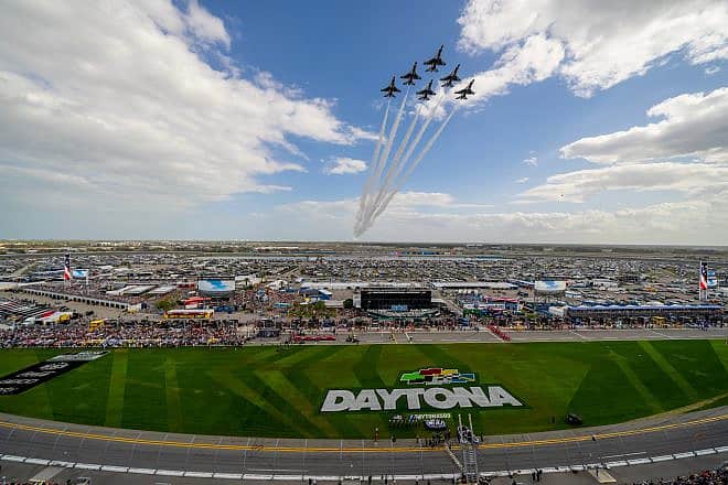 U.S. Air Force Thunderbirds perform a flyover before the Daytona International Speedway as it plays host to the Daytona 500 in Daytona Beach, Fla. on Feb. 19, 2023. Credit: Grindstone Media Group/Shutterstock.