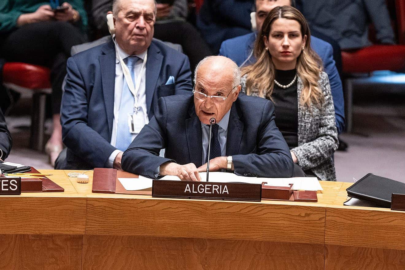 Ahmed Attaf, the Algerian foreign affairs minister, speaks at a U.N. Security Council meeting about the Middle East, including Israel and the Palestinians, at U.N. headquarters in New York on Jan. 23, 2024. Credit: Lev Radin/Shutterstock.