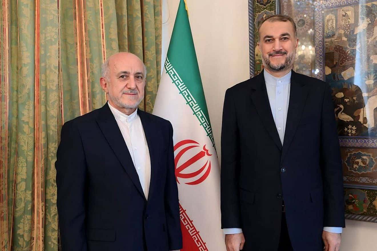 Iranian Ambassador to France Mohammad Aminnejad (left) meets Iranian Foreign Minister Hossein Amir-Abdollahian before leaving for Paris, March 16, 2024. Credit: Iran MFA.