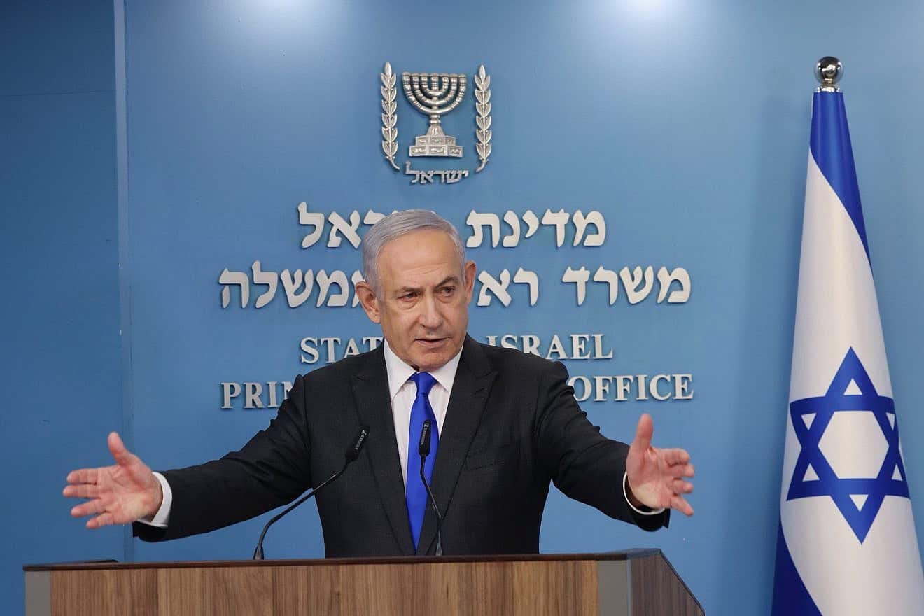Prime Minister Benjamin Netanyahu speaks during a press conference in Jerusalem, March 31, 2024. Photo by Marc Israel Sellem/POOL.