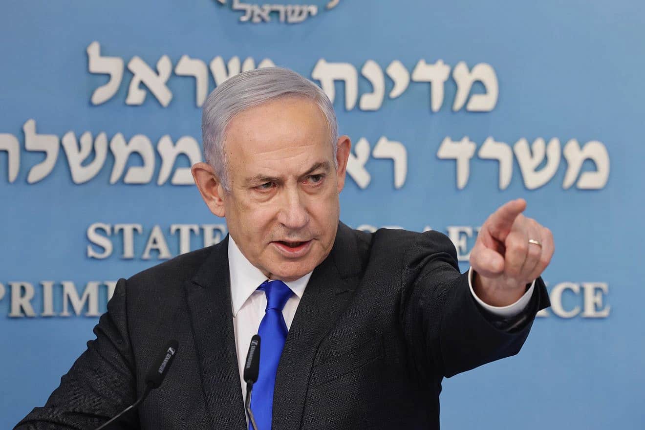 Israeli Prime Minister Benjamin Netanyahu speaks during a press conference in Jerusalem, March 31, 2024. Photo by Marc Israel Sellem/POOL.