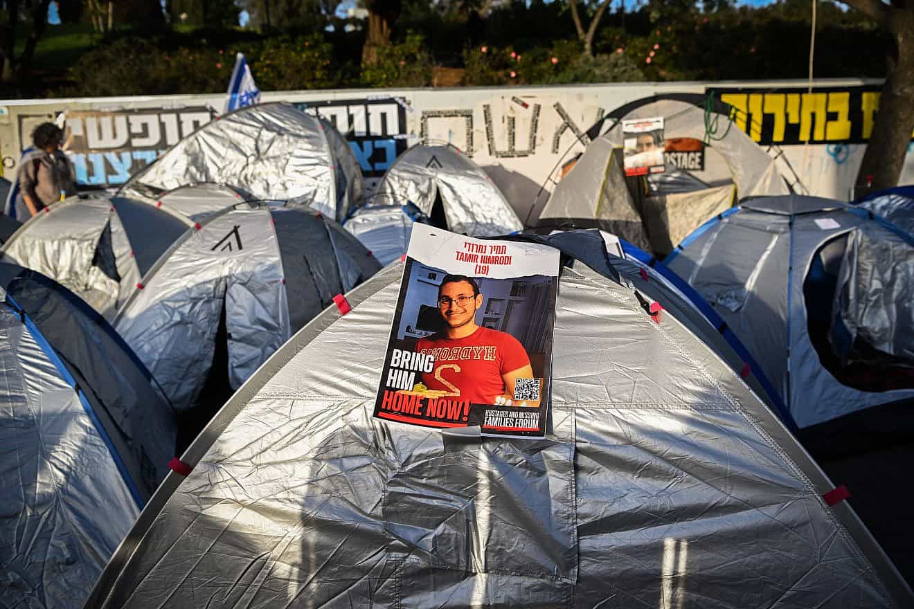 Tents set up by Israeli protesters outside of the Knesset in Jerusalem, demanding action by the government to bring home the hostages still being held captive by Hamas in Gaza, April 1, 2024. Photo by Arie Leib Abrams/Flash90.