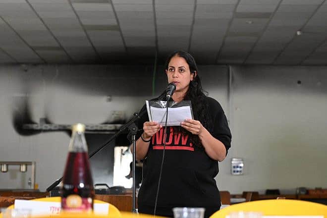 Ofri Bibas-Levy speaks during a mock Passover seder for the release of the hostages in kibbutz Nir-Oz, April 11, 2024. Credit: Courtesy of the Hostages and Missing Families Forum.