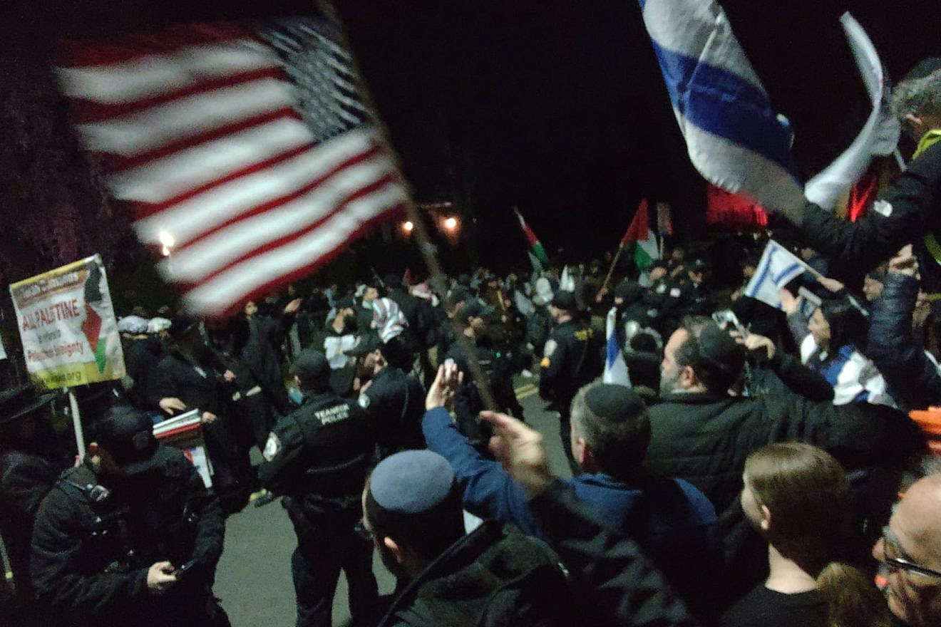 An anti-Israel protest and a pro-Israel counter-protest ensued in Teaneck, N.J., after a synagogue hosted an event featuring firsthand accounts by ZAKA representatives detailing the Hamas terrorist attacks on Oct. 7 in southern Israel, April 1, 2024. Credit: The Jewish Link.