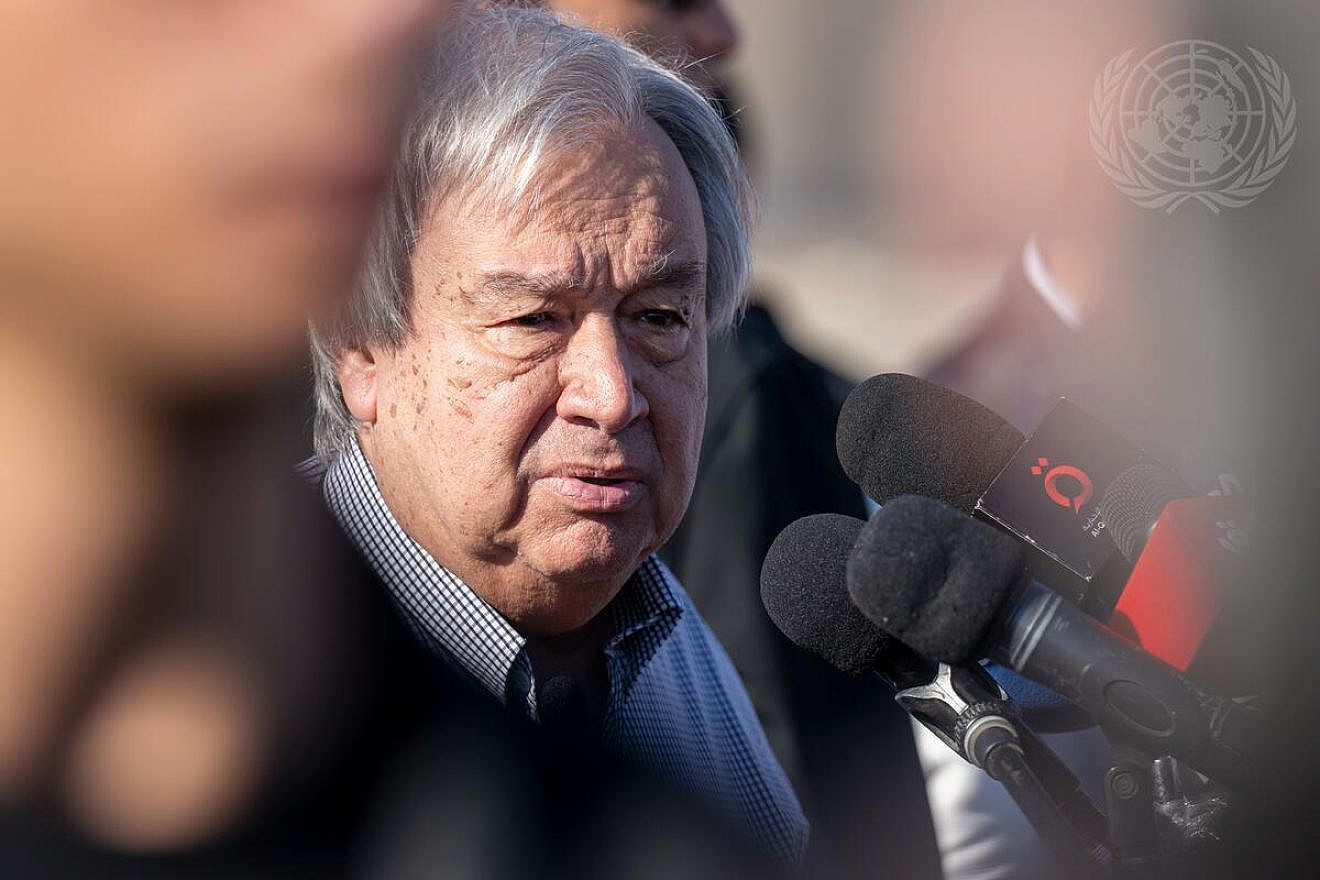 U.N. Secretary-General António Guterres briefs the press at the Rafah border crossing into Gaza. The Secretary-General reiterated his calls for a humanitarian ceasefire and the cessation of violence, notably in Gaza on March 23, 2024. Credit: Mark Garten/U.N. Photo.