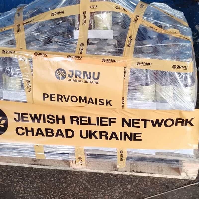 Pallets of wine were sent to Ukraine's Jewish community for Passover. Credit: Courtesy of JRNU.