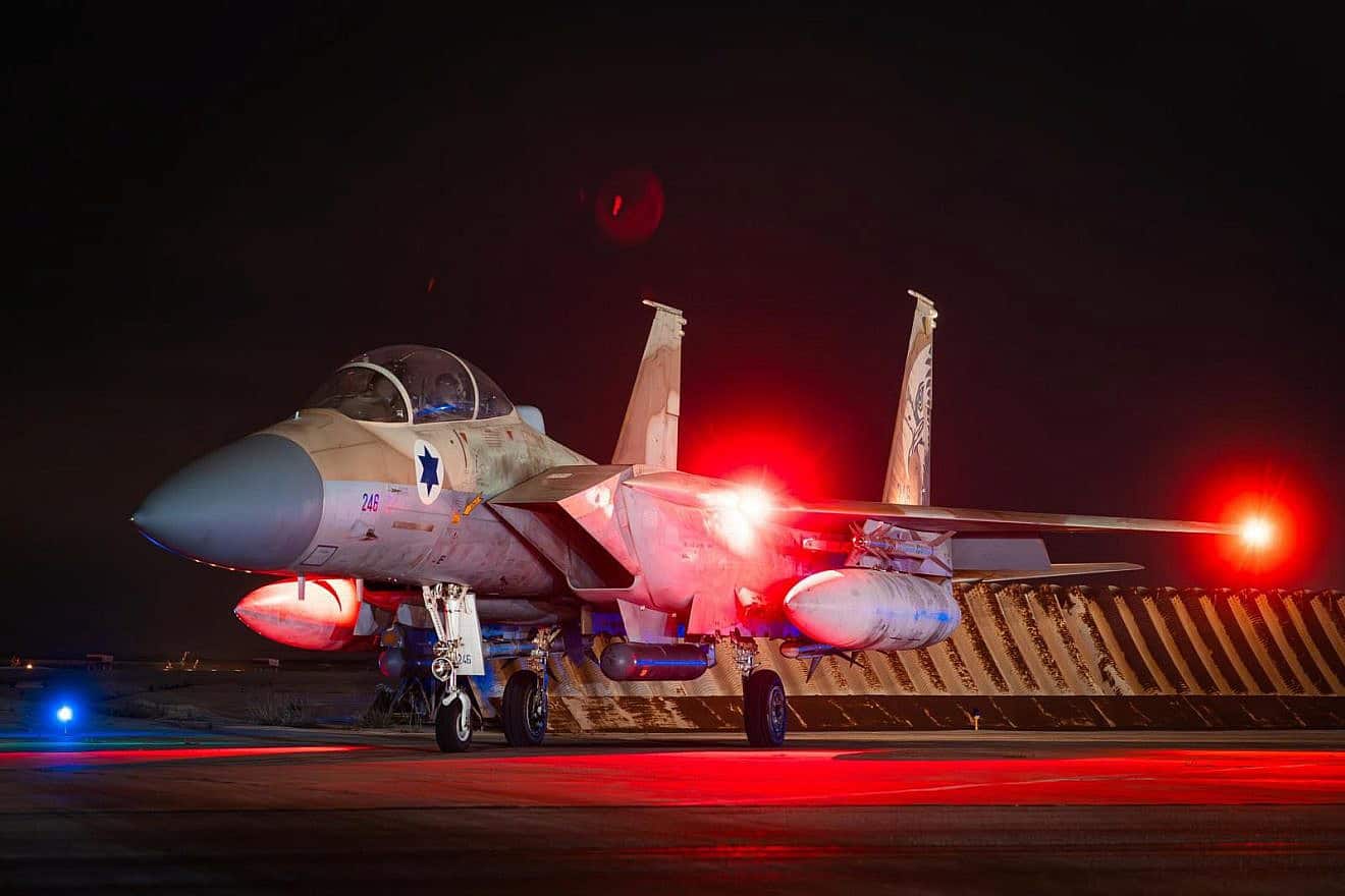 An F-15 fighter jet is seen at an unidentified airbase after successfully protecting Israel’s airspace from an Iranian attack, April 14, 2024. Credit: IDF.