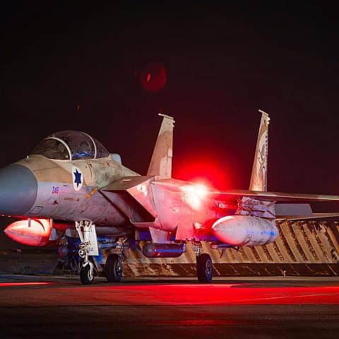 An F-15 fighter jet is seen at an unidentified airbase after successfully protecting Israel’s airspace from an Iranian attack, April 14, 2024. Credit: IDF.