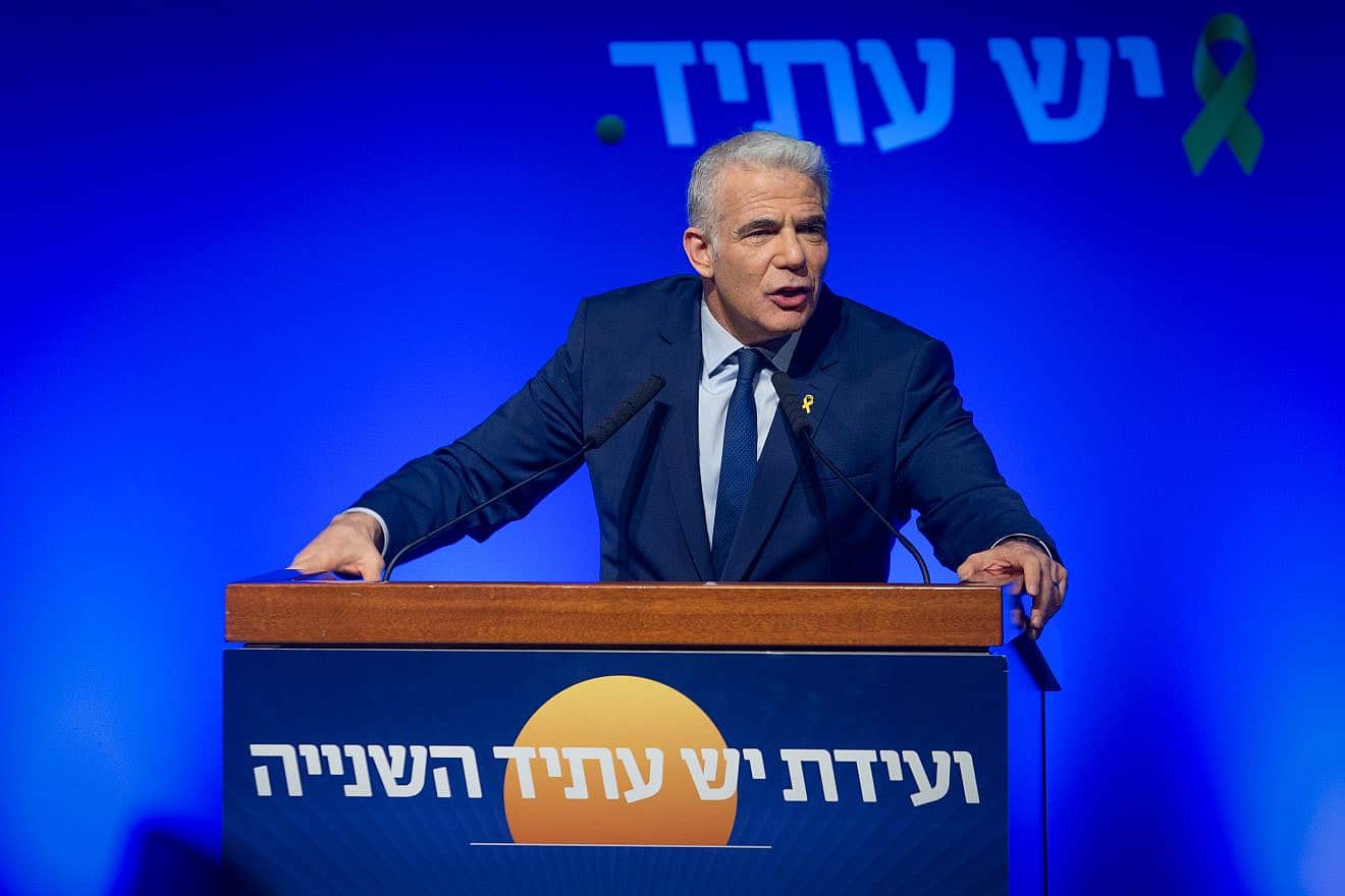 Yesh Atid MK Yair Lapid speaks to supporters in Tel Aviv after winning the party's leadership primary, March 28, 2024. Credit: Flash90.