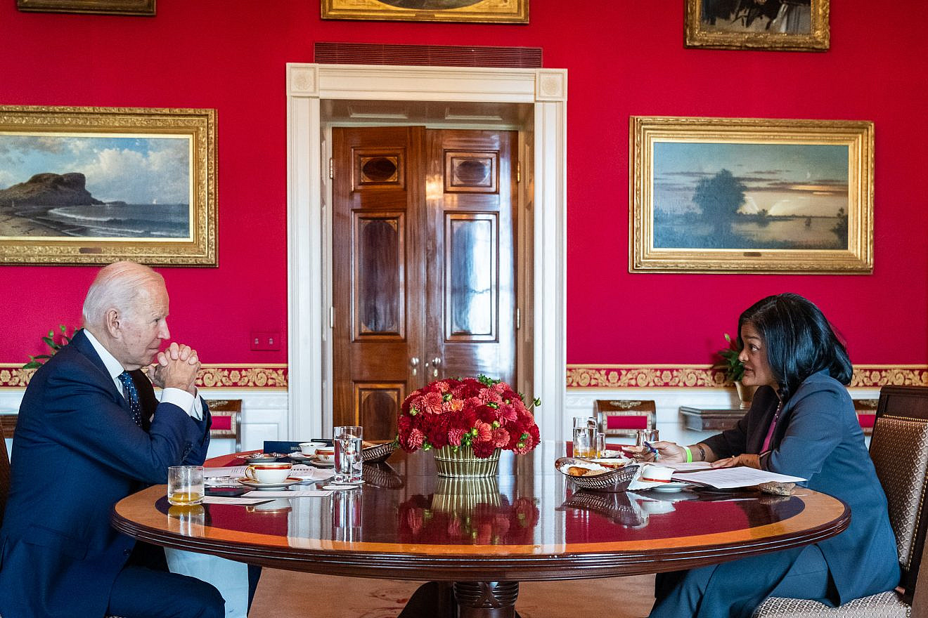 U.S. President Joe Biden meets with Rep. Pramila Jayapal (D-Wash.) on Oct. 18, 2021 in the Red Room of the White House. Credit: Adam Schultz/White House.