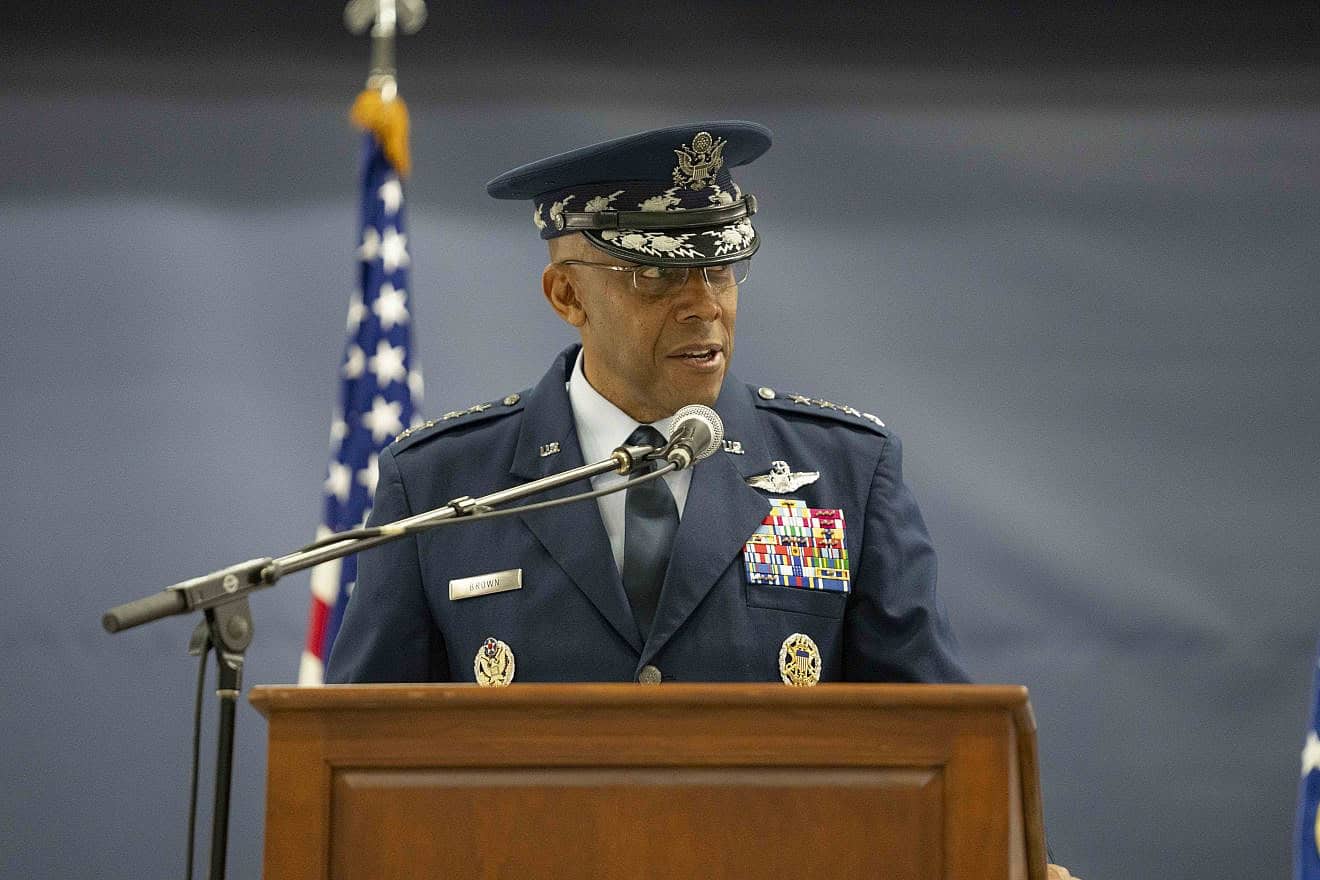 Air Force Gen. Charles Q. Brown, chairman of the Joint Chiefs of Staff, attends a welcome ceremony at Joint Base Andrews, Nov. 17, 2023. Credit: Chief Mass Communication Specialist James Mullen/U.S. Department of Defense.