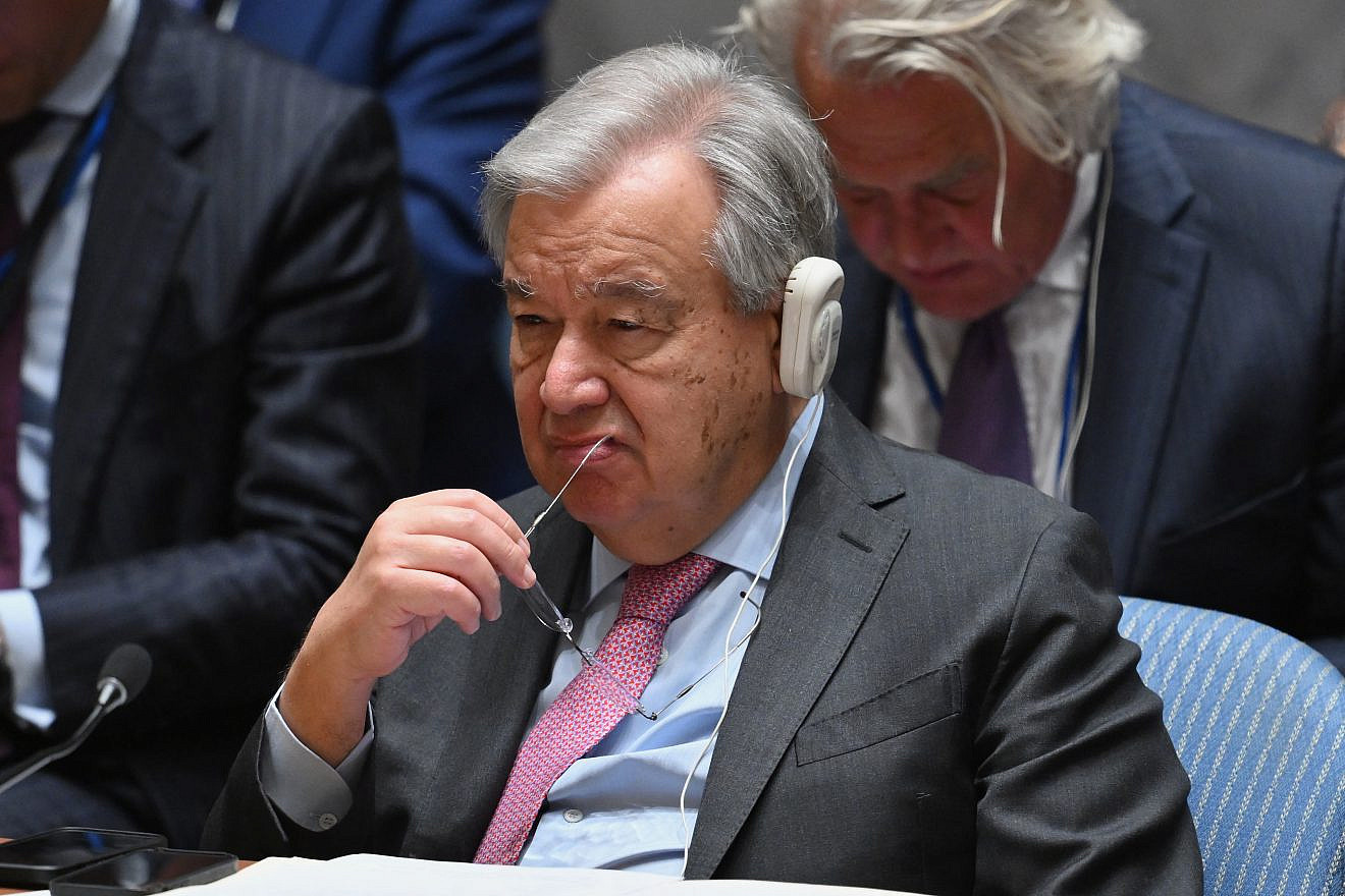 U.N. Secretary-General Antonio Guterres listens during a Security Council meeting on the situation in the Middle East, including the Palestinian question, at U.N. headquarters in New York, April 18, 2024. Photo by Angela Weiss/AFP via Getty Images.