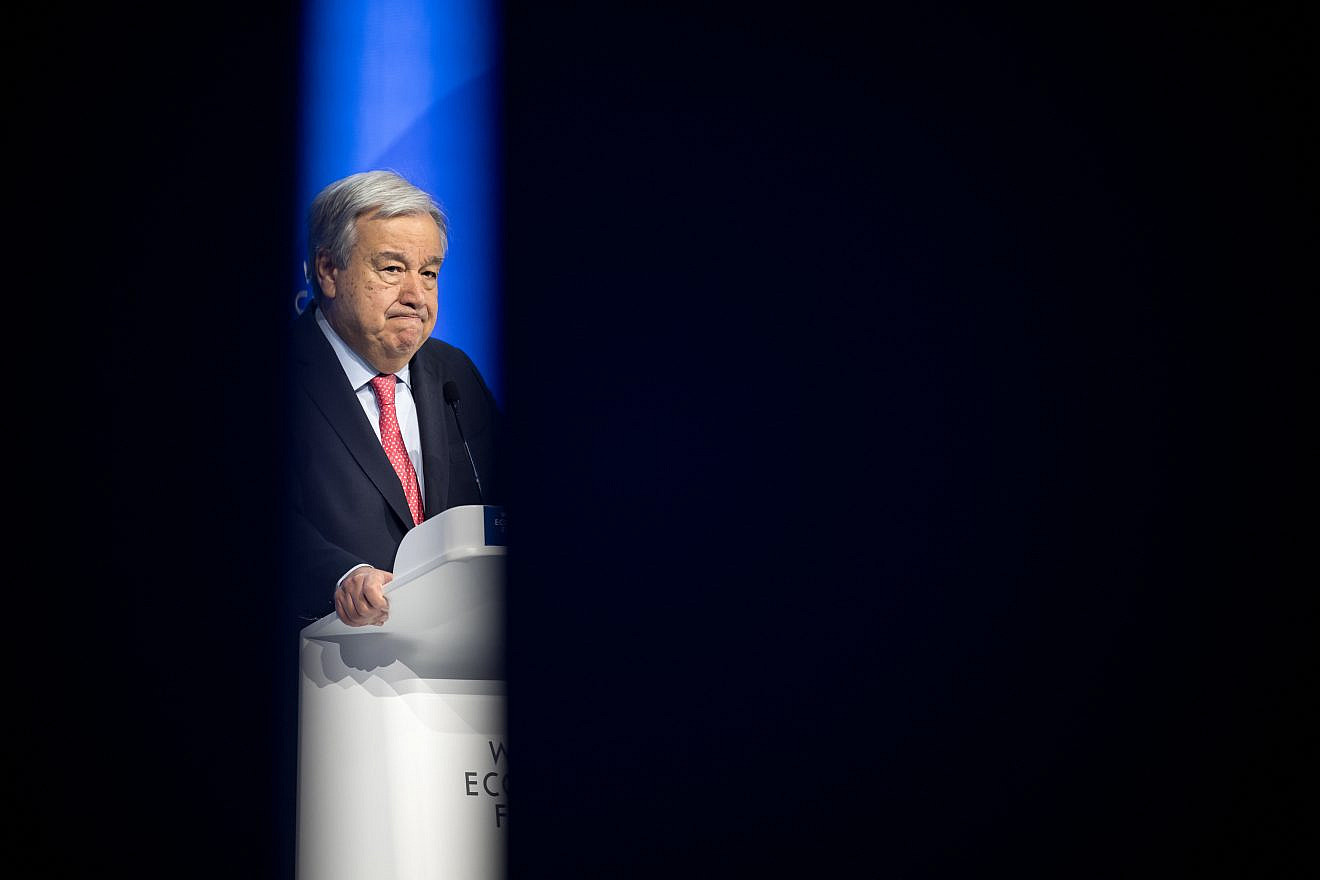 United Nations Secretary-General António Guterres addresses the World Economic Forum in Davos on January 17, 2024. Photo by Fabrice Coffrini/AFP via Getty Images.