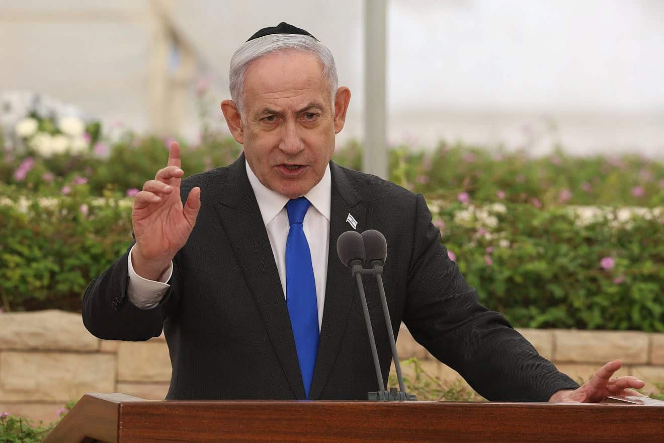 Israeli Prime Minister Benjamin Netanyahu attends a ceremony at Nachalat Yitzhak cemetery in Tel Aviv for victims of the 1948 “Altalena” ship incident on June 18, 2024. Photo by Shaul Golan/POOL.
