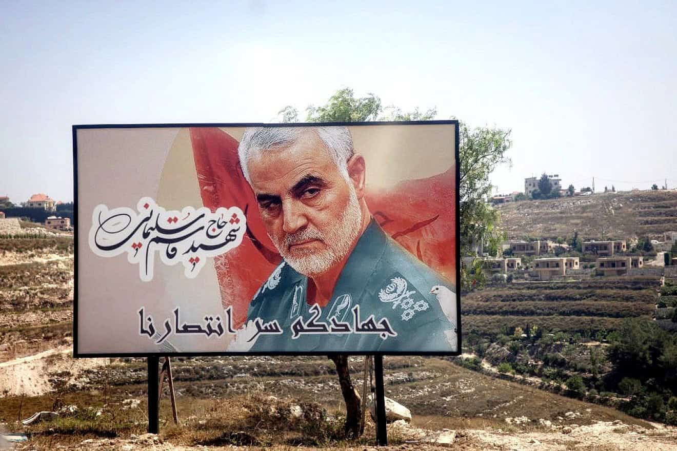 A poster of deceased Iranian Islamic Revolutionary Guard Corps commander Qassem Soleimani is seen on the roadside in Nabatieh, Lebanon on June 27, 2024. Credit: Chris McGrath/Getty Images.